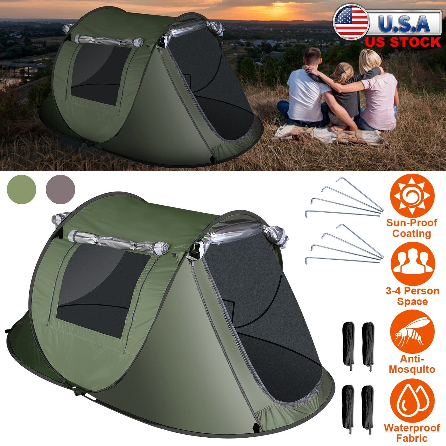 3-4 Person Pop Up Tent Automatic Setup Camping Tent Waterproof Instant Setup Tent with 2 Mosquito Net Windows Carrying Bag for Hiking Climbing Adventu