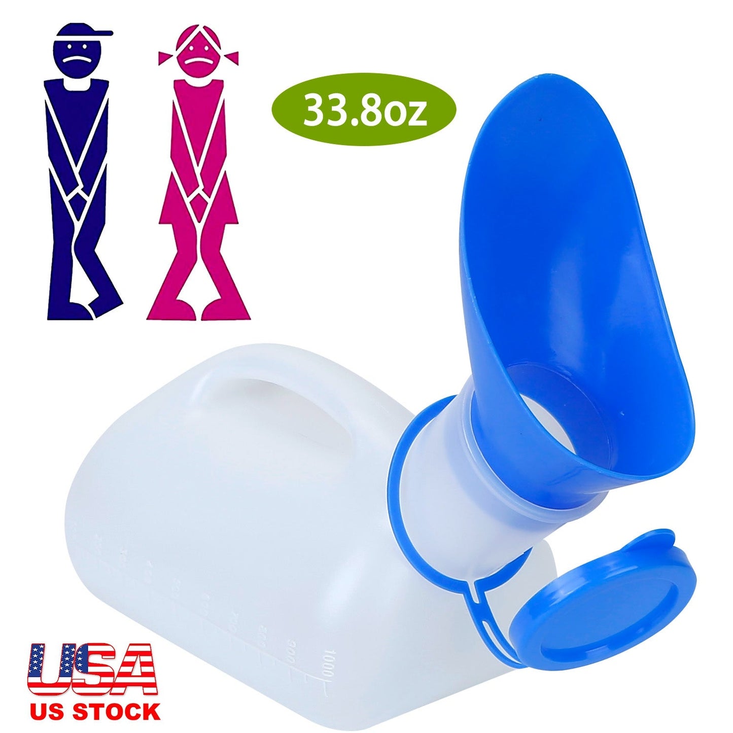 Unisex Potty Urinal Bottle 1000ML/33.8OZ Adult Emergency Urinal Device Portable Male Female Toilet w/ Lid Funnel For Car Camping Travel Hospital Outdo