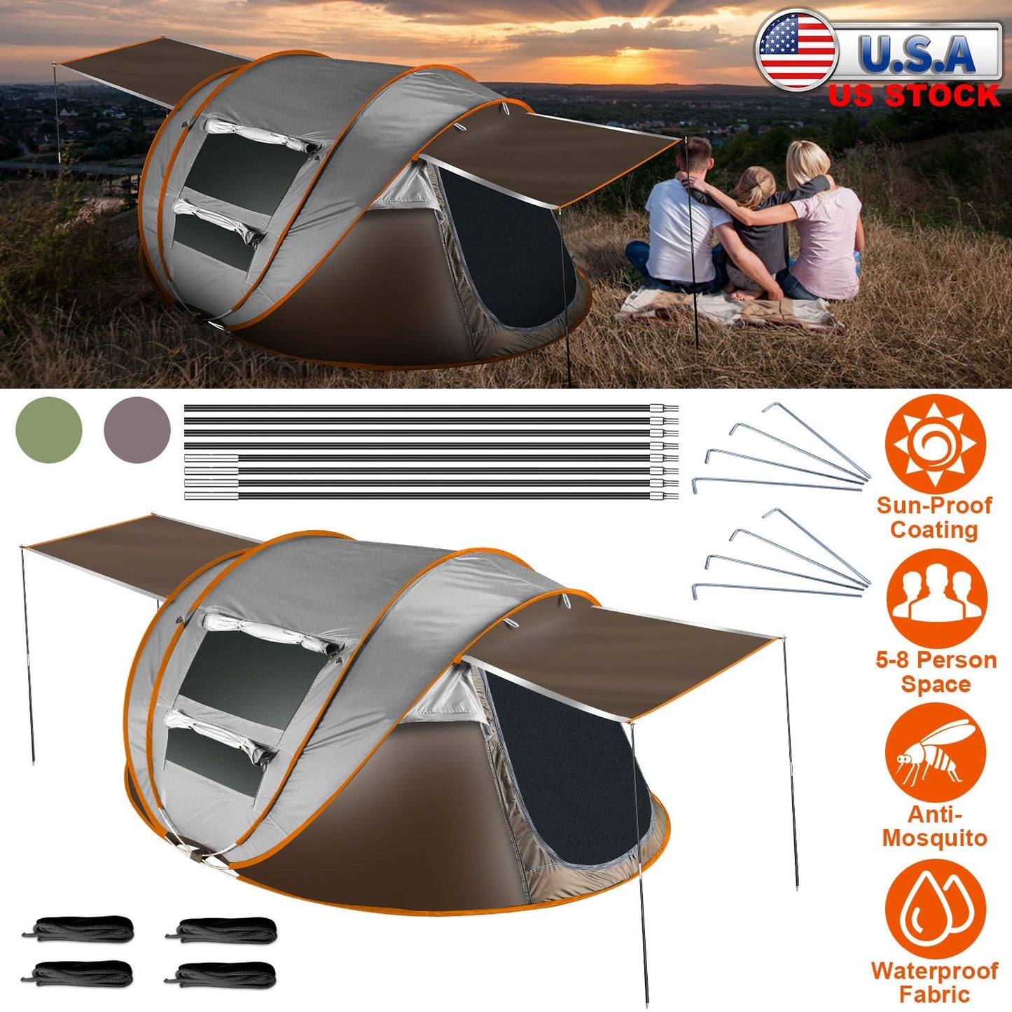3-4 Person Pop Up Tent Automatic Setup Camping Tent Waterproof Instant Setup Tent with 2 Mosquito Net Windows Carrying Bag for Hiking Climbing Adventu
