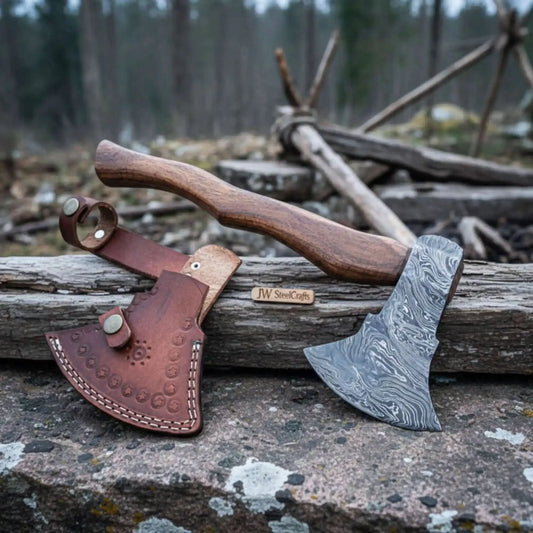 Handcrafted Damascus Utility Hatchet – Bearded Blade Style, Solid Wood Handle, Sheath Included