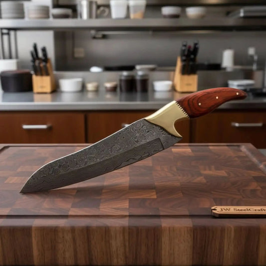 13" Overall Damascus Gyuto Chef Knife – Red Pakka Wood Handle and Brass Bolster