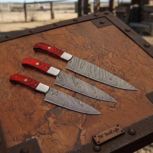Piece Damascus Kitchen Knife Set — Kiritsuke, Chef & Utility with Red Pakka Wood Handles, Steel Bolsters & Mosaic Pins | JW Steel Crafts