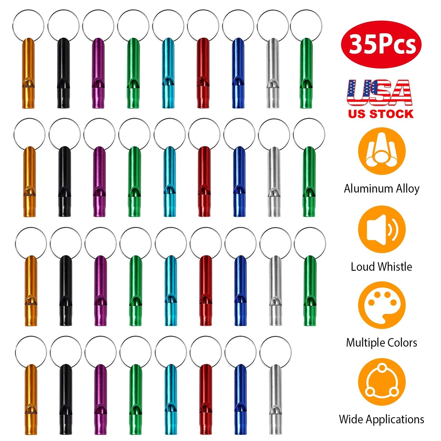 35Pcs Emergency Whistles Extra Loud Aluminum Alloy Whistle with Key Chain Ring for Camping Hiking Hunting Outdoor Sports Emergency Situations
