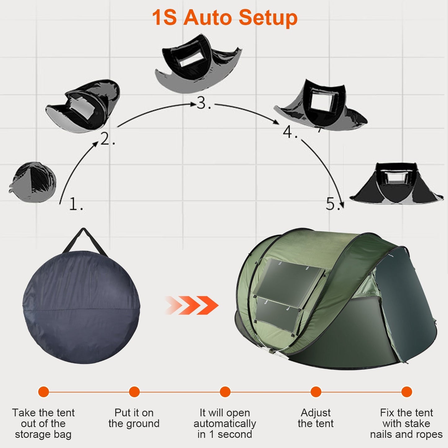 3-4 Person Pop Up Tent Automatic Setup Camping Tent Waterproof Instant Setup Tent with 2 Mosquito Net Windows Carrying Bag for Hiking Climbing Adventu
