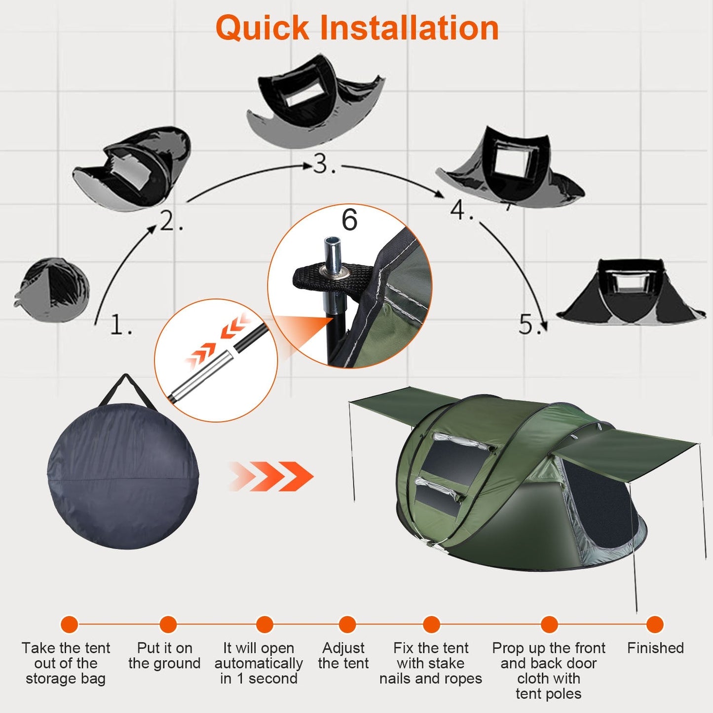 3-4 Person Pop Up Tent Automatic Setup Camping Tent Waterproof Instant Setup Tent with 2 Mosquito Net Windows Carrying Bag for Hiking Climbing Adventu