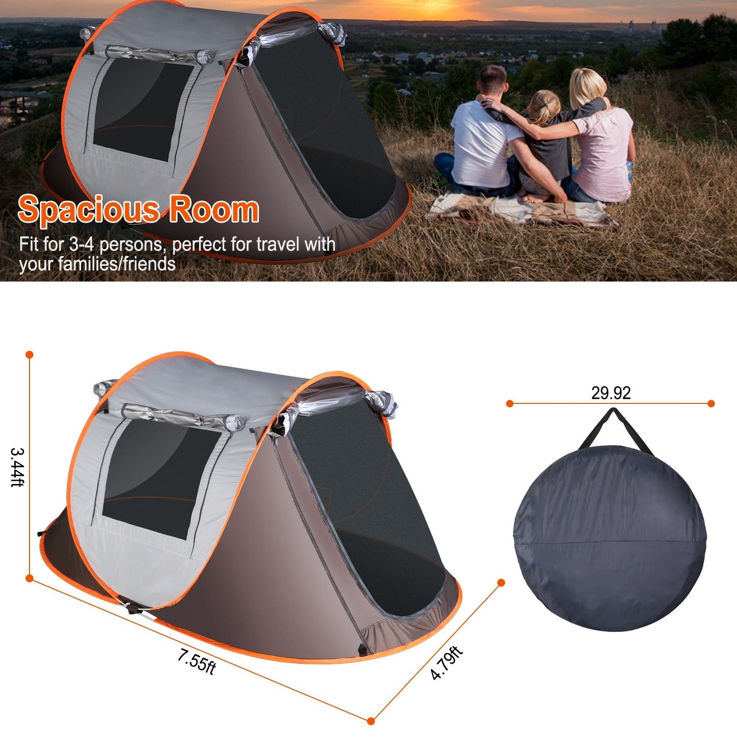 3-4 Person Pop Up Tent Automatic Setup Camping Tent Waterproof Instant Setup Tent with 2 Mosquito Net Windows Carrying Bag for Hiking Climbing Adventu
