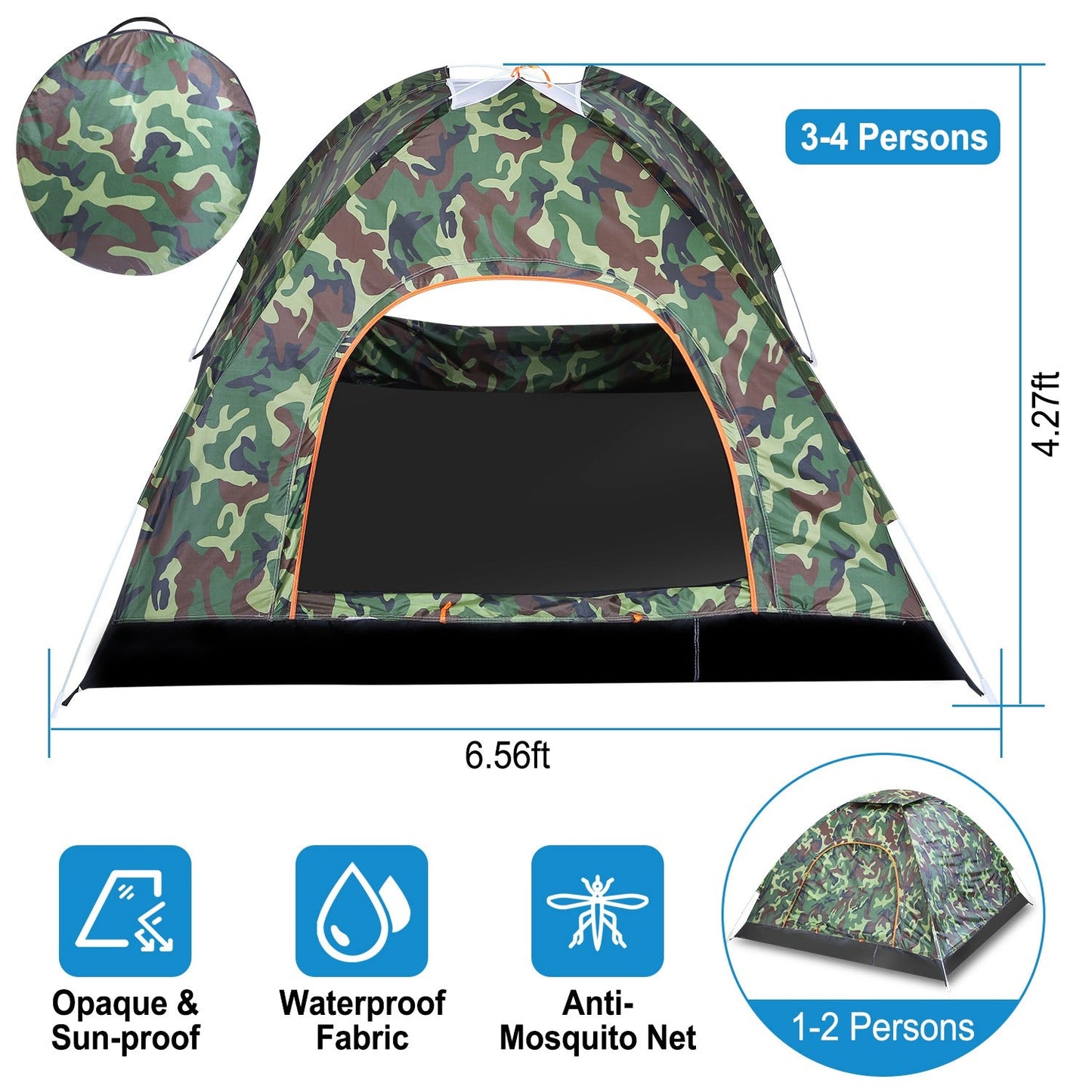 1/2 Person Instant Pop Up Dome Tent Waterproof Camping Tent w/Mosquito Net Doors Bags