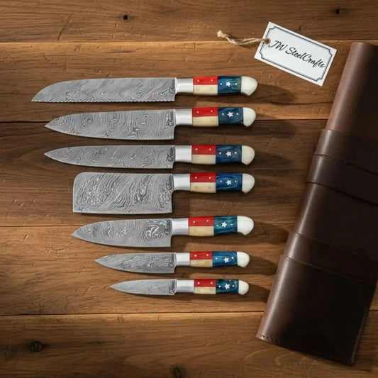 Damascus Kitchen Knife Set | Texas Flag Pakka Wood and Camel Bone Handles | JW SteelCrafts