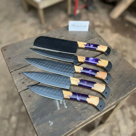 5-Piece Hand-Forged Chef Knives Set – Black Blades, Purple Resin & Olive Wood Handles