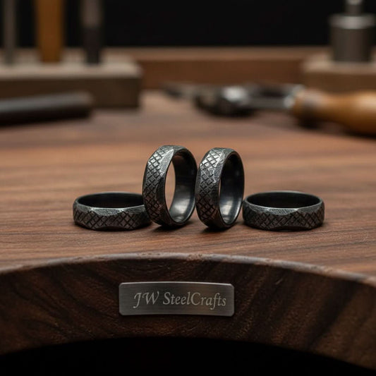 Black Damascus Steel Wedding Ring Hand Filed Texture Band