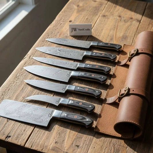 Hammer Forged 7-Piece Damascus Chef Knife Set with Black Pakkawood Handles & Leather Carry Roll