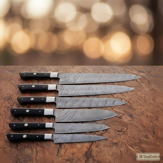 Hammer-Forged Damascus 7-Piece Carving & Slicer Knife Set — with Black Resin Handles