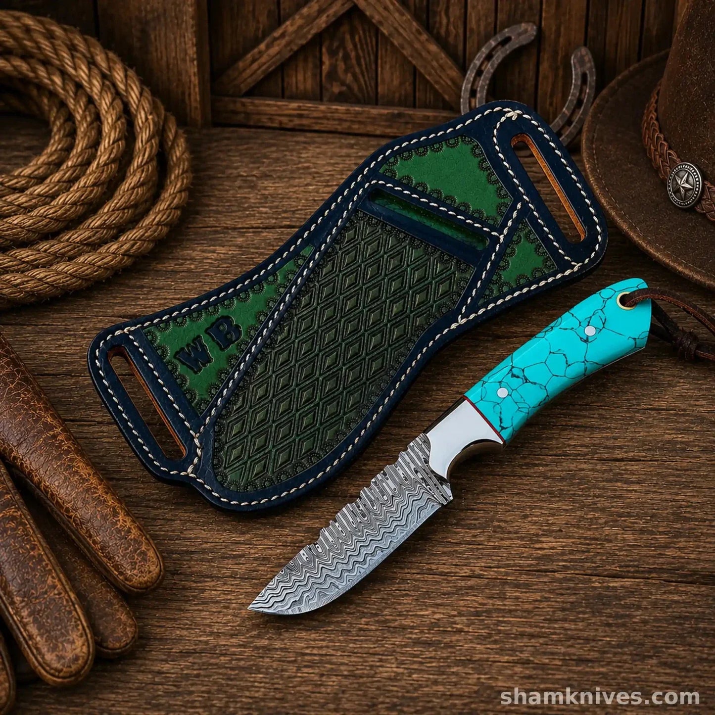Blue Outlaw Cowboy Hunting Knife – Damascus Steel Turquoise Handle