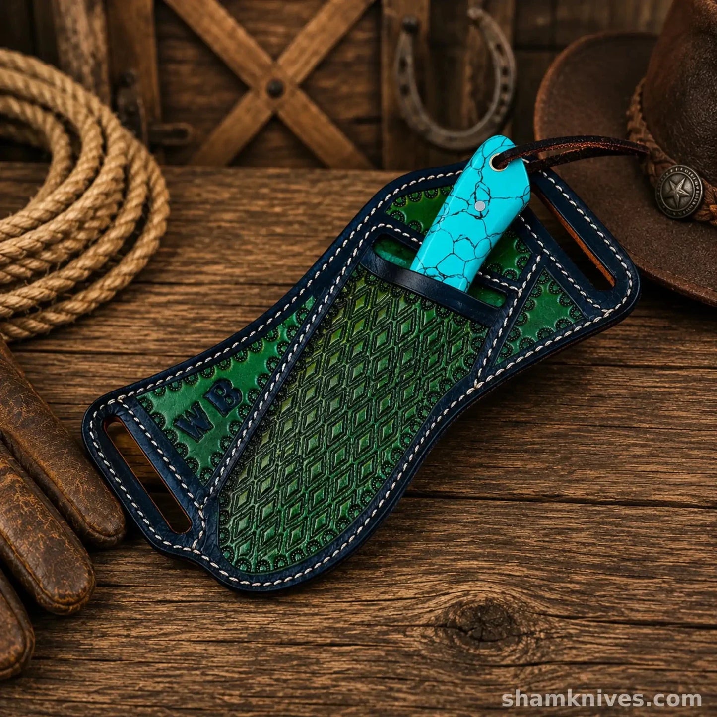 Blue Outlaw Cowboy Hunting Knife – Damascus Steel Turquoise Handle