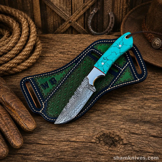 Blue Outlaw Cowboy Hunting Knife – Damascus Steel Turquoise Handle