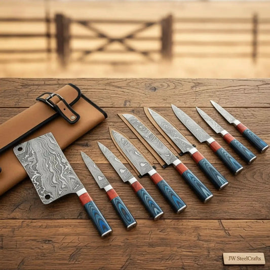 9-Piece Damascus Kitchen Knife Set with Meat Cleaver — Blue & Red Pakka Wood Handles, Steel Bolsters & Leather Roll | JW Steel Crafts