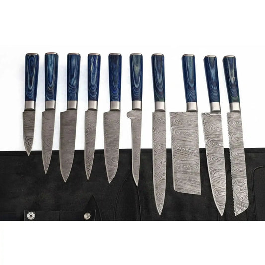 10-Piece Handmade Damascus Kitchen Knife Set – Blue Pakkawood Handles | Chef, Santoku, Cleaver, Bread, Slicing, Boning, Utility & Paring