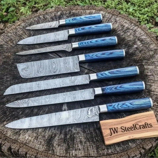 Professional Damascus Kitchen Knife Set 7 Piece Blue Stabilized Wood Handle Handmade Chef Knife Collection JW SteelCrafts