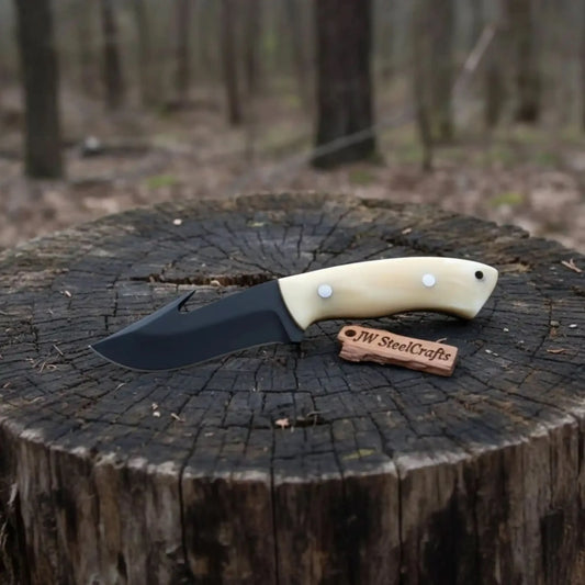 Gut Hook Skinner Knife Black Coated Blade Bone Handle 3.5 Inch Fixed Blade Hunting Knife