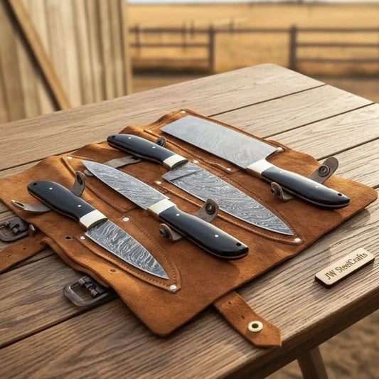 Damascus Kitchen Knife Set, Handcrafted with Black Micarta Handles, Leather Roll Included