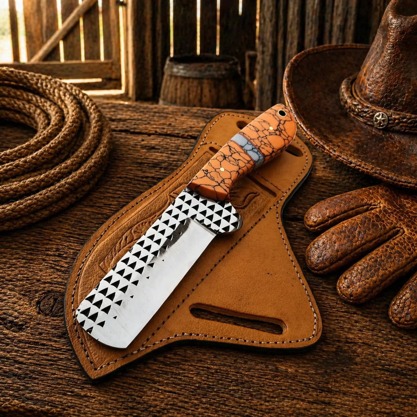 Bullcutter Knife Rasp Steel Blade Turquoise Handle Leather