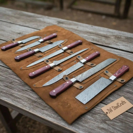 Premium 7-Piece Damascus Kitchen Knife Set, Red Pakka Wood Handle & Leather Roll Included