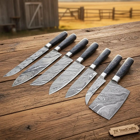 7-Piece Damascus Butcher and Cleaver Knife Set with Pakka Wood Handles — 3.5 to 8-Inch Blades
