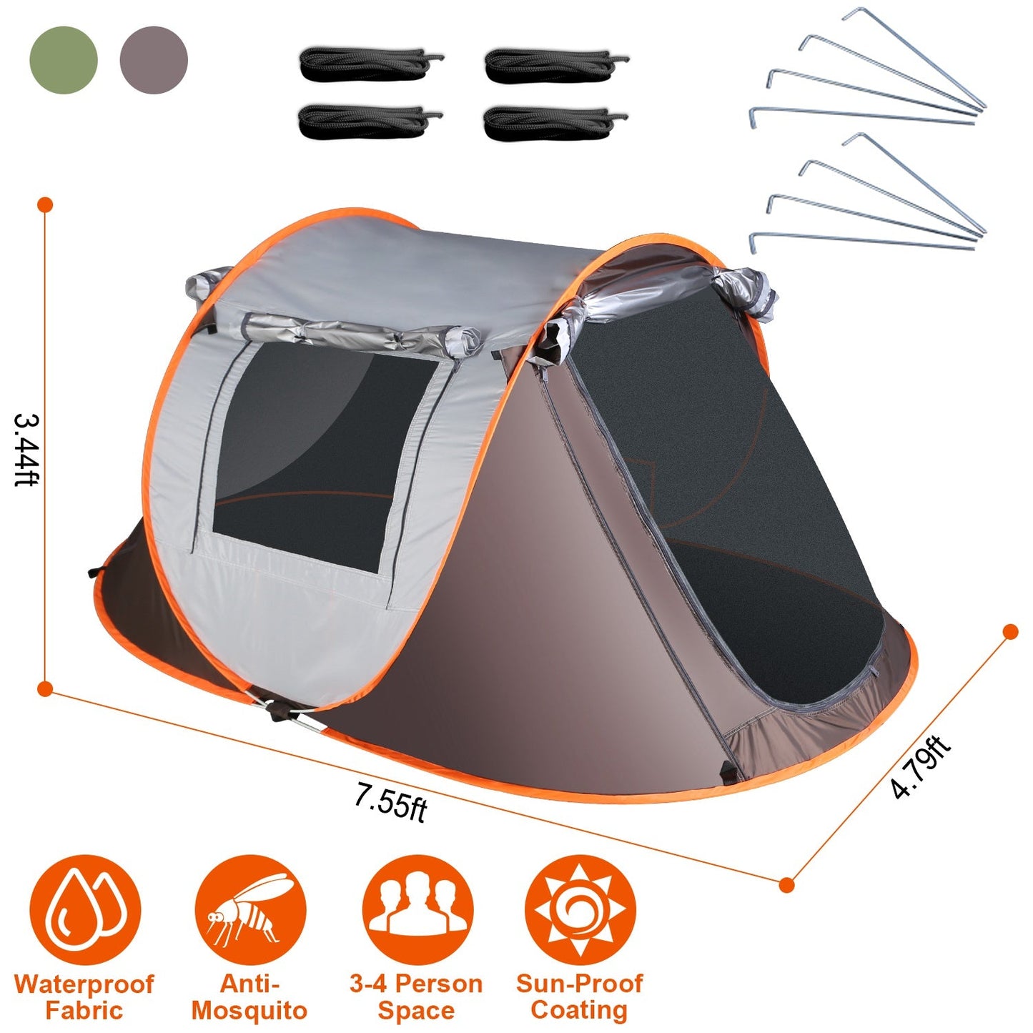 3-4 Person Pop Up Tent Automatic Setup Camping Tent Waterproof Instant Setup Tent with 2 Mosquito Net Windows Carrying Bag for Hiking Climbing Adventu