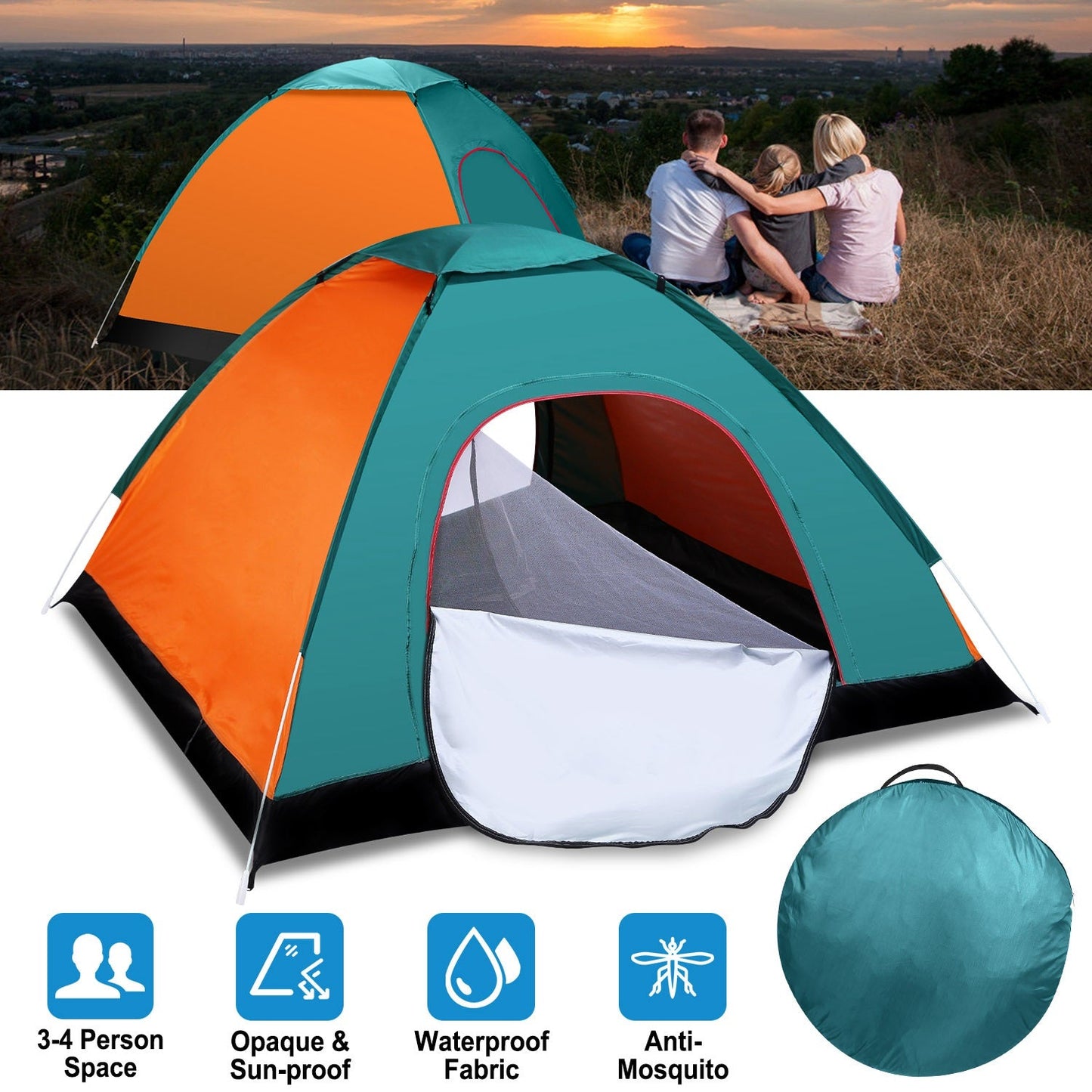 3/4 Man Waterproof Camping Tent Instant Pop Up Dome Tent w/Mosquito Net Doors Bags