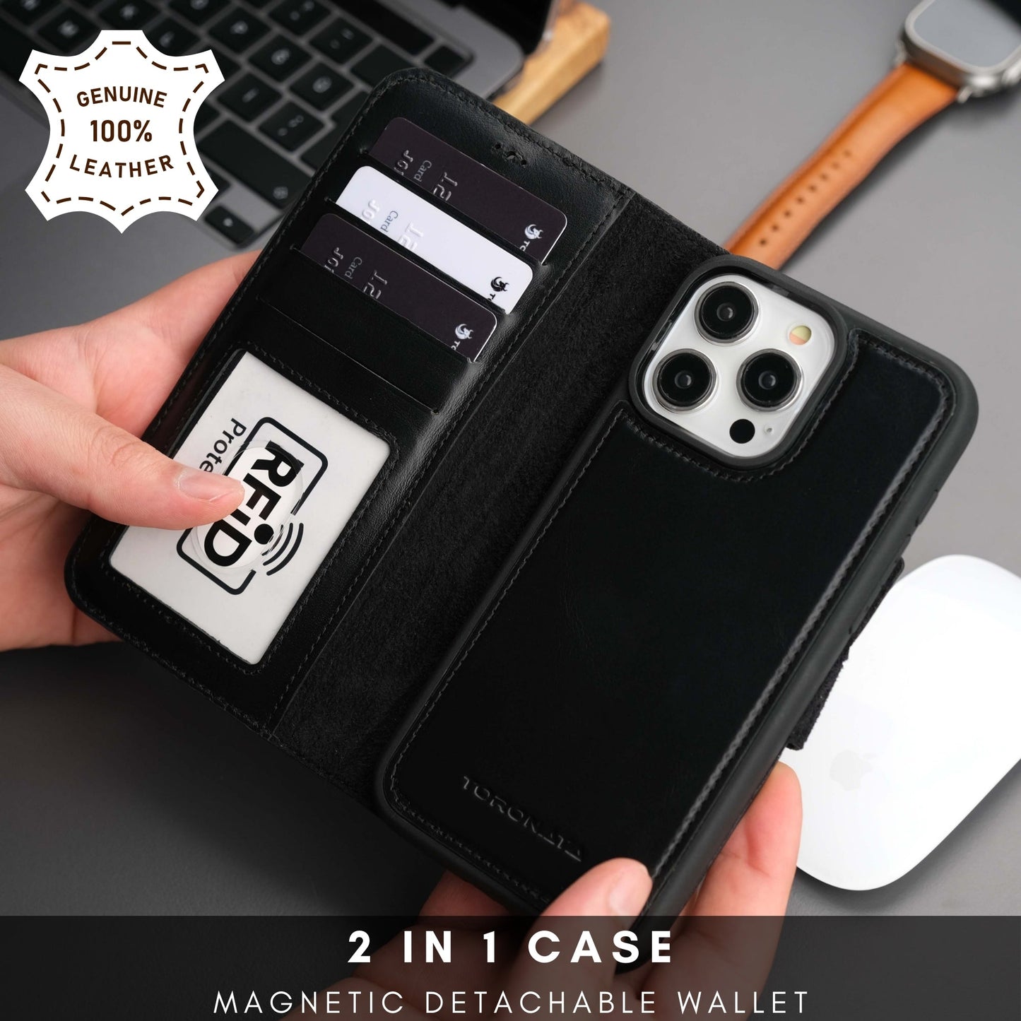 Casper Leather iPhone 15 Pro Max Wallet Case | Detachable MagSafe Compatible RFID Protection