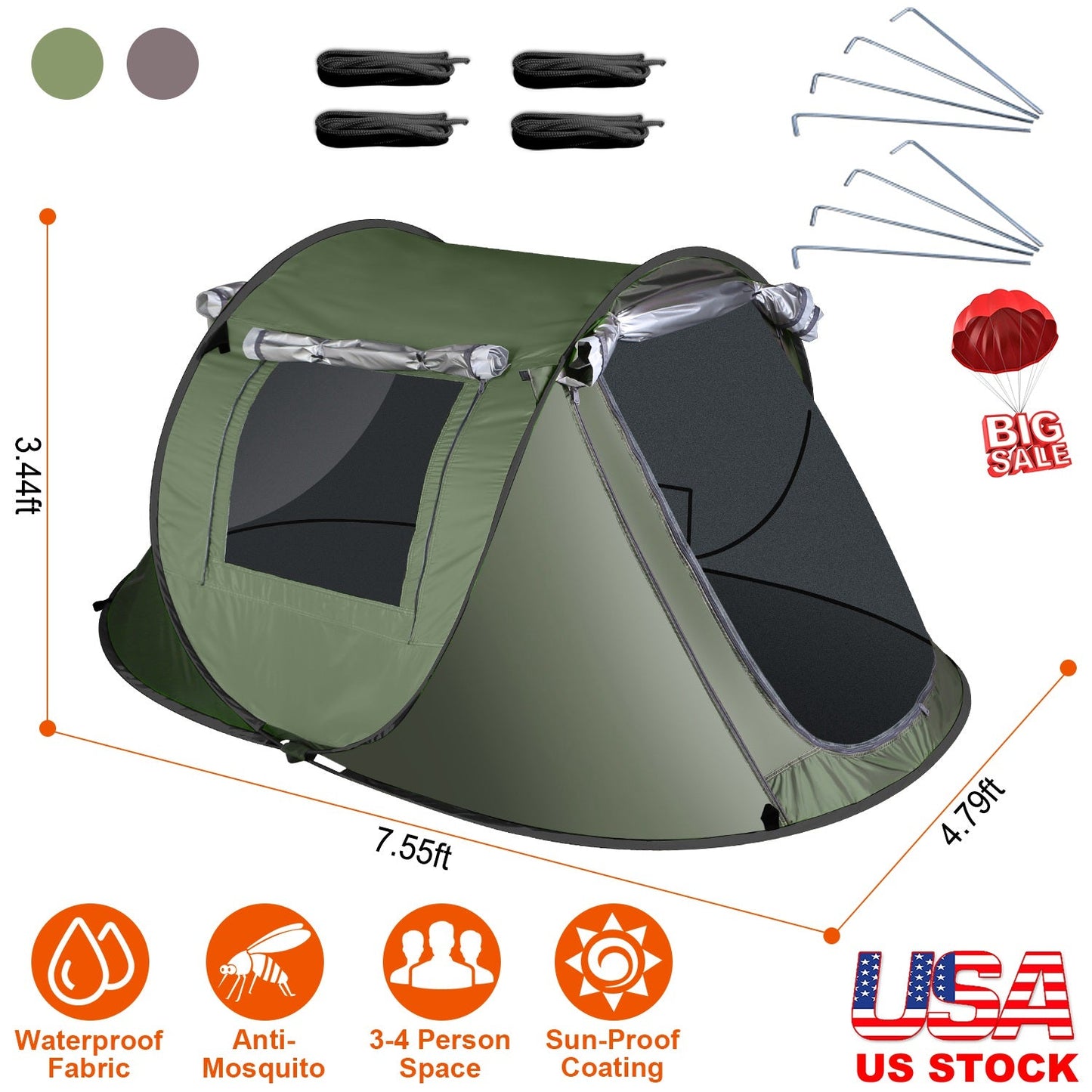 3-4 Person Pop Up Tent Automatic Setup Camping Tent Waterproof Instant Setup Tent with 2 Mosquito Net Windows Carrying Bag for Hiking Climbing Adventu