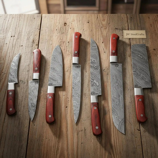 JW SteelCrafts 7 Piece Damascus Kitchen Knife Set, Paring Utility Santoku Chef Carving Bread Knife and Vegetable Cleaver, Handmade Damascus Steel Knife Set Red Wood Handle