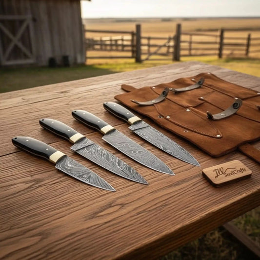JW SteelCrafts Damascus Petty Knife Set — Compact Professional Prep Collection (4 Knives)