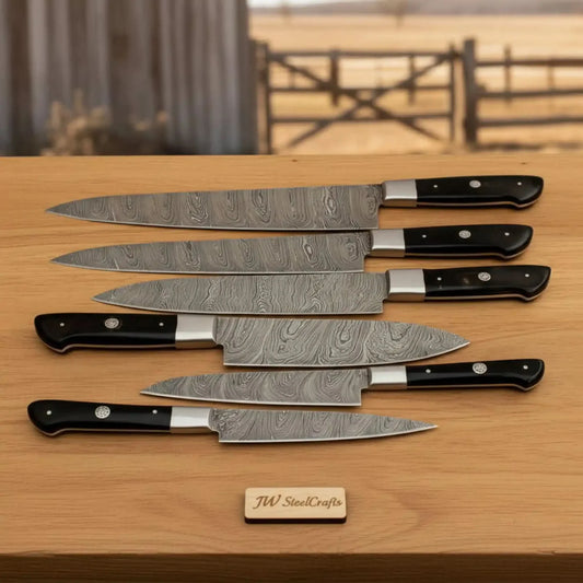 6-Piece Damascus Carving & Chef Knife Set – Black Resin Handle Edition JW SteelCrafts