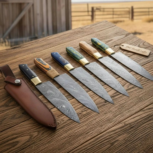 6-Piece Slim-Profile Twisted Damascus Chef Knife Set with Brass Bolsters | JW Steel Crafts