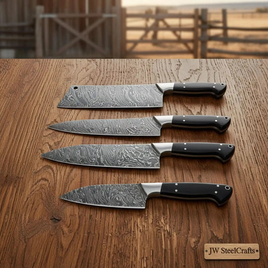 4-Piece Handmade Damascus Steel Kitchen Knife Set with Pakka Wood Handles