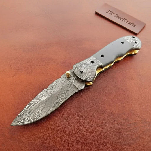 Handmade Damascus Folding Knife with Gray Micarta Handle, Custom Pocket Knife, EDC Damascus Folder by JW SteelCrafts