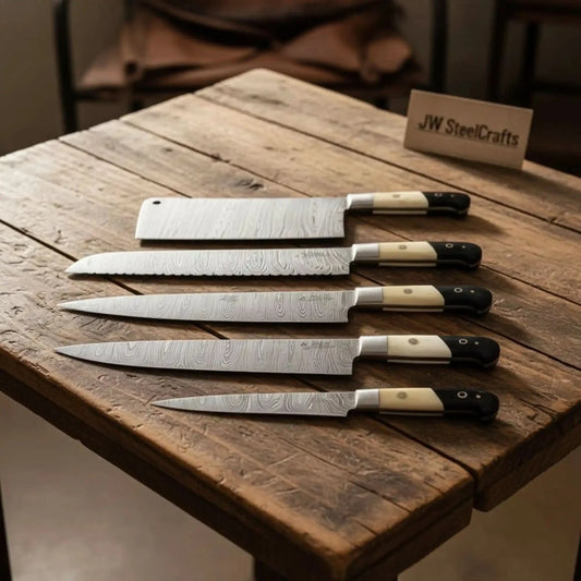 Handmade Damascus Steel Kitchen Knife Set, 5-Piece Collection