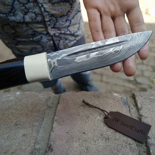 Pattern Welded knife with Black/White Resin handle