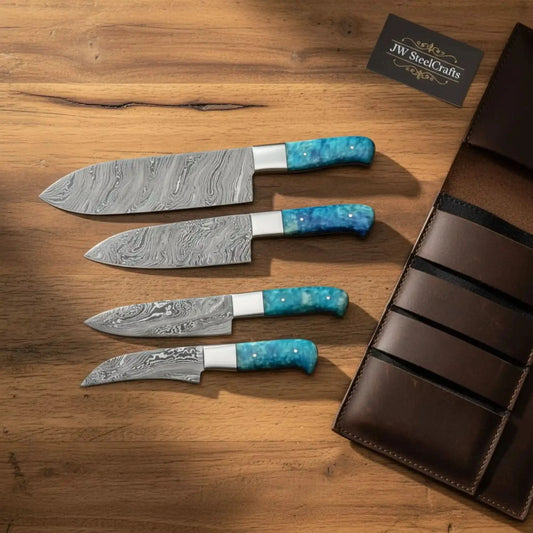 Damascus Chef Knife Set - 4-Piece Blue Resin Handles - 8” Gyuto, 6” Utility, 5” Petty & 4” Paring