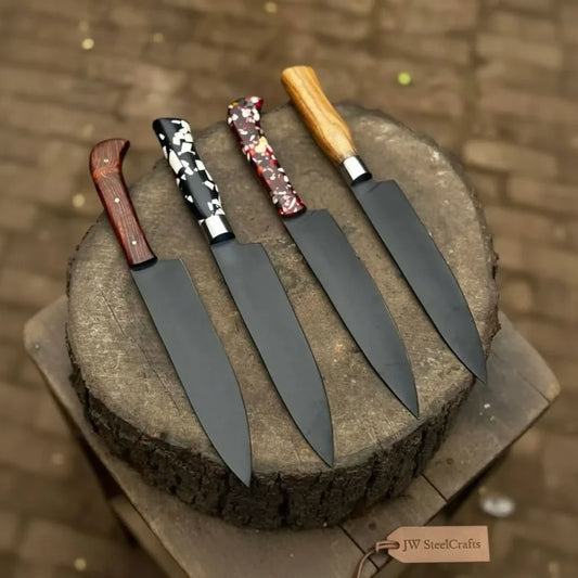 Black Blade Chef Knife Full Tang with Custom Handle & Leather Sheath