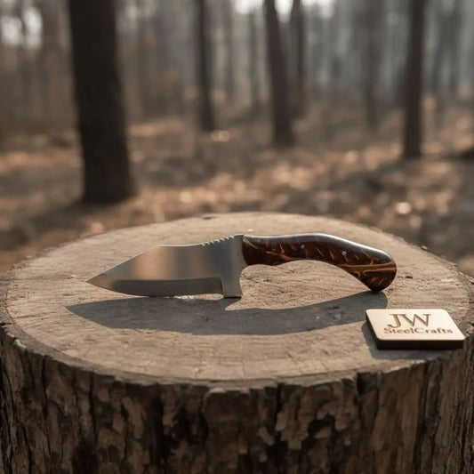 Stainless Steel Sheepsfoot Outdoor Knife — Brown Orange Swirl Resin Handle, Finger Choil & Satin Finish