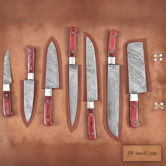 7-Piece Damascus Kitchen Knife Set - Complete Essential Blade Collection with Leather Roll