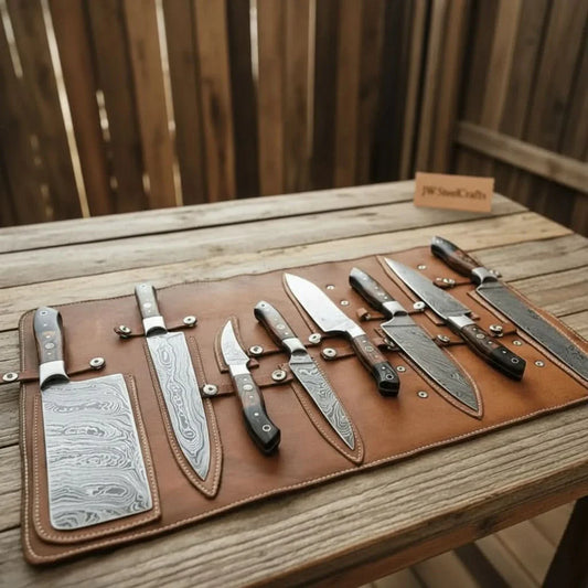 8-Piece Damascus Kitchen Knife Set — 7 to 13 Inch Blades with Black and Red Pakka Wood Handles, Mosaic Pins & Leather Roll | JW Steel Crafts