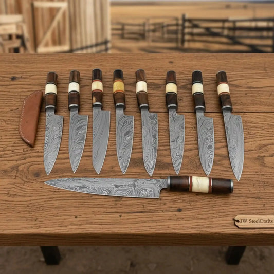 9-Piece Hand-Forged Damascus Knife Set — Bone and Rosewood Handles, 13-Inch Blades