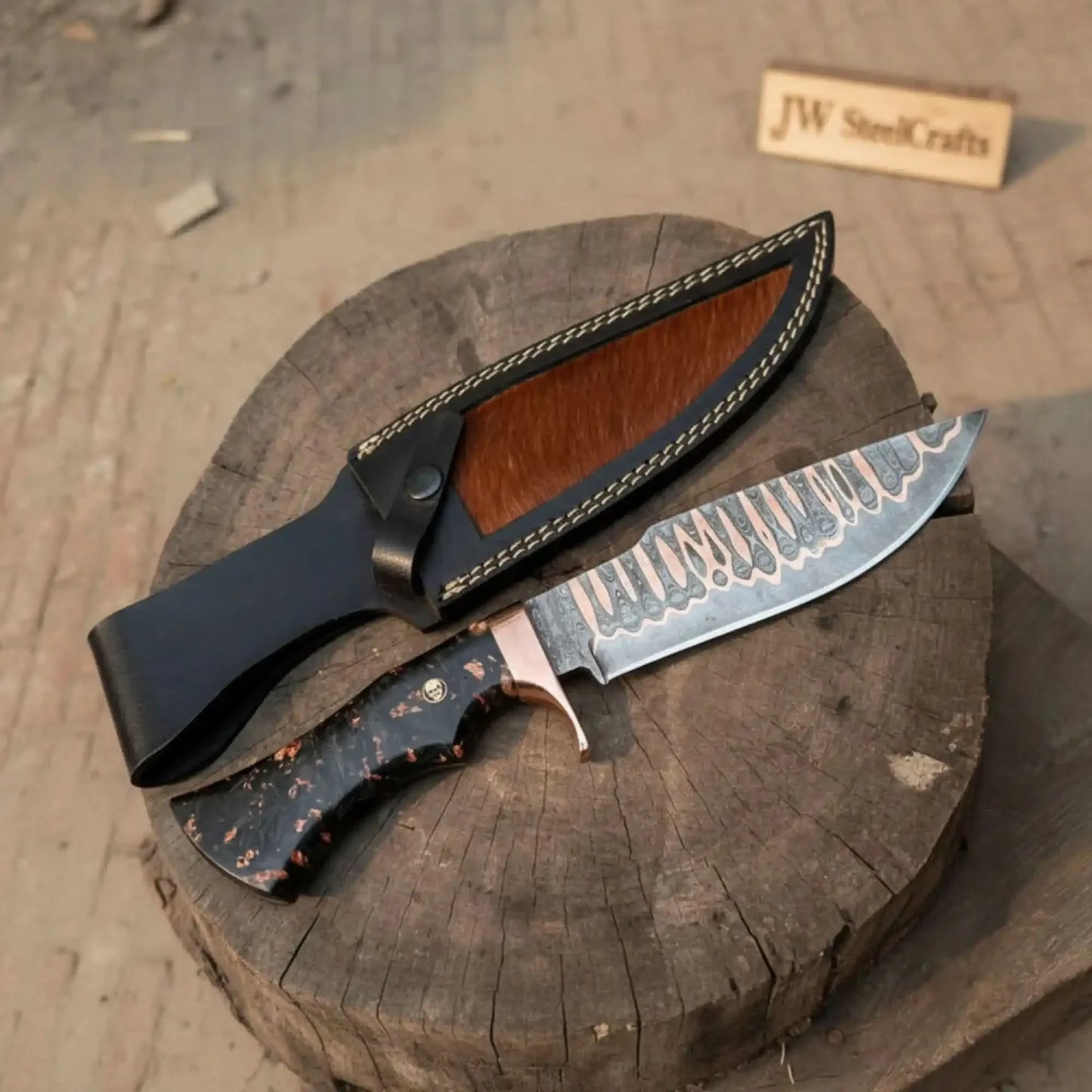 Custom Handmade Copper Damascus Sub-Hilt Fighter Bowie with Resin Handle