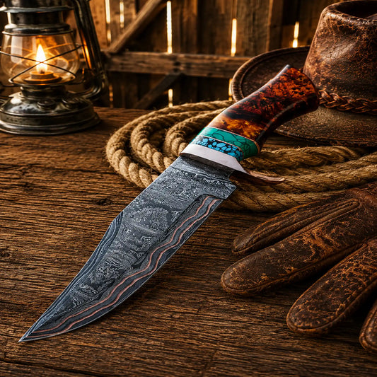 Copper Damascus Hunting Knife – Turquoise & Resin Bowie