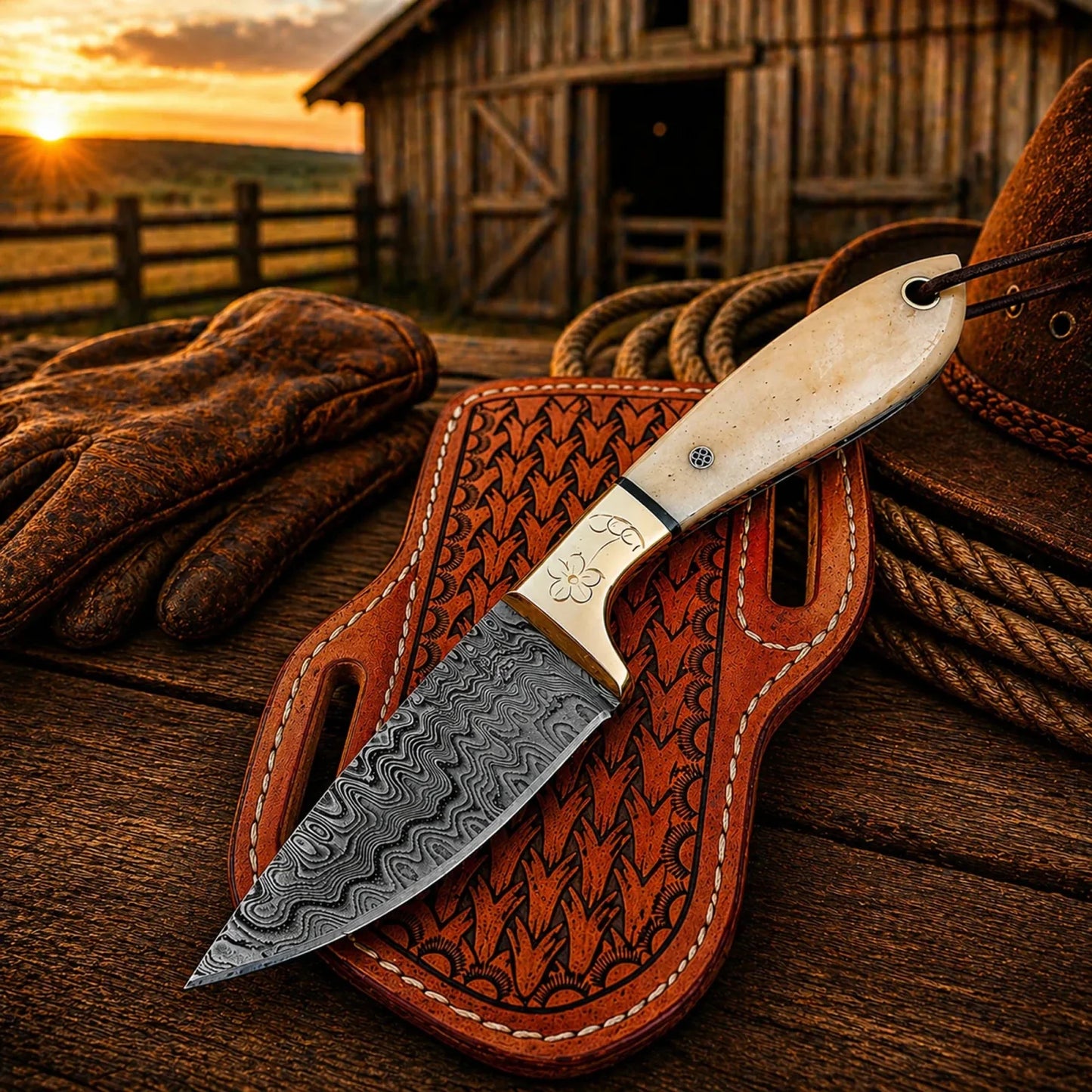 Cowboy Belt Knife – 3.5" Damascus Steel Blade & Bone Handle