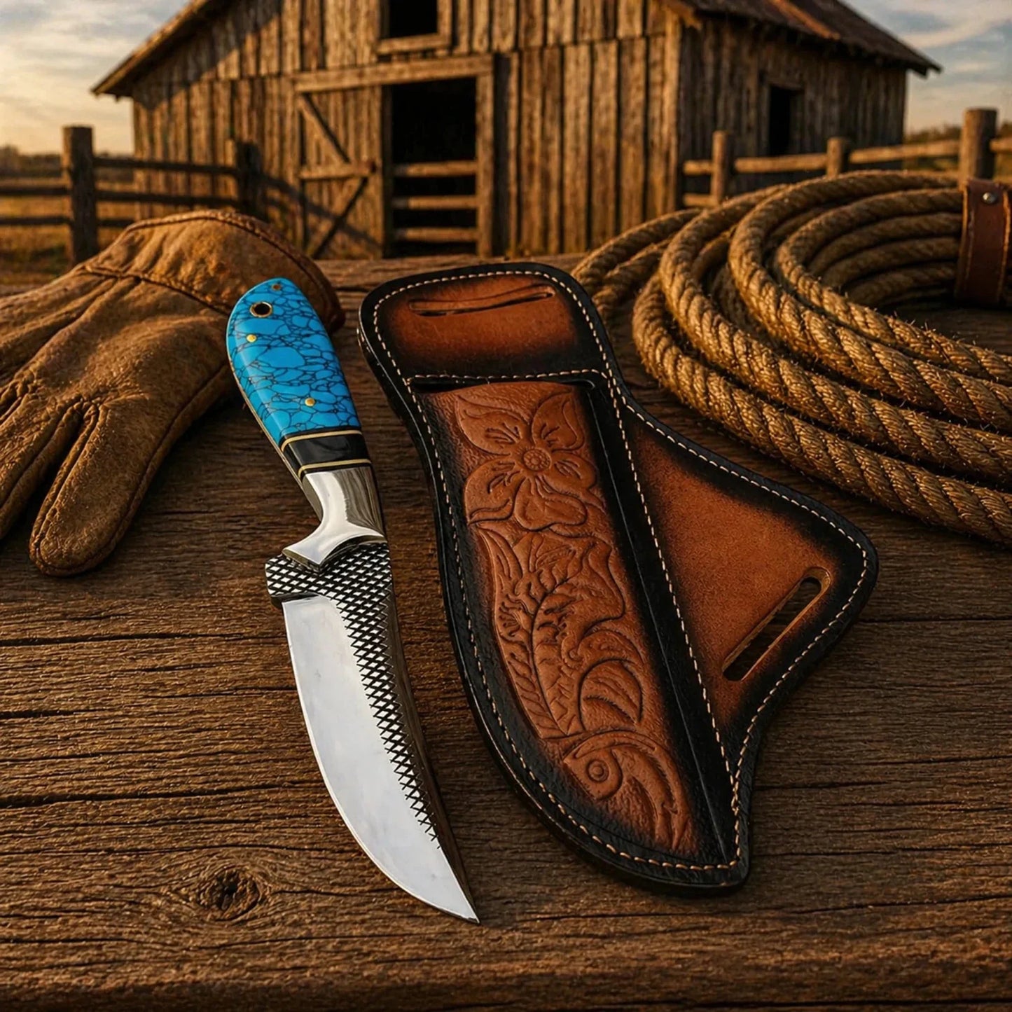 Cowboy Belt Knife – Rasp Tool Steel & Turquoise Handle