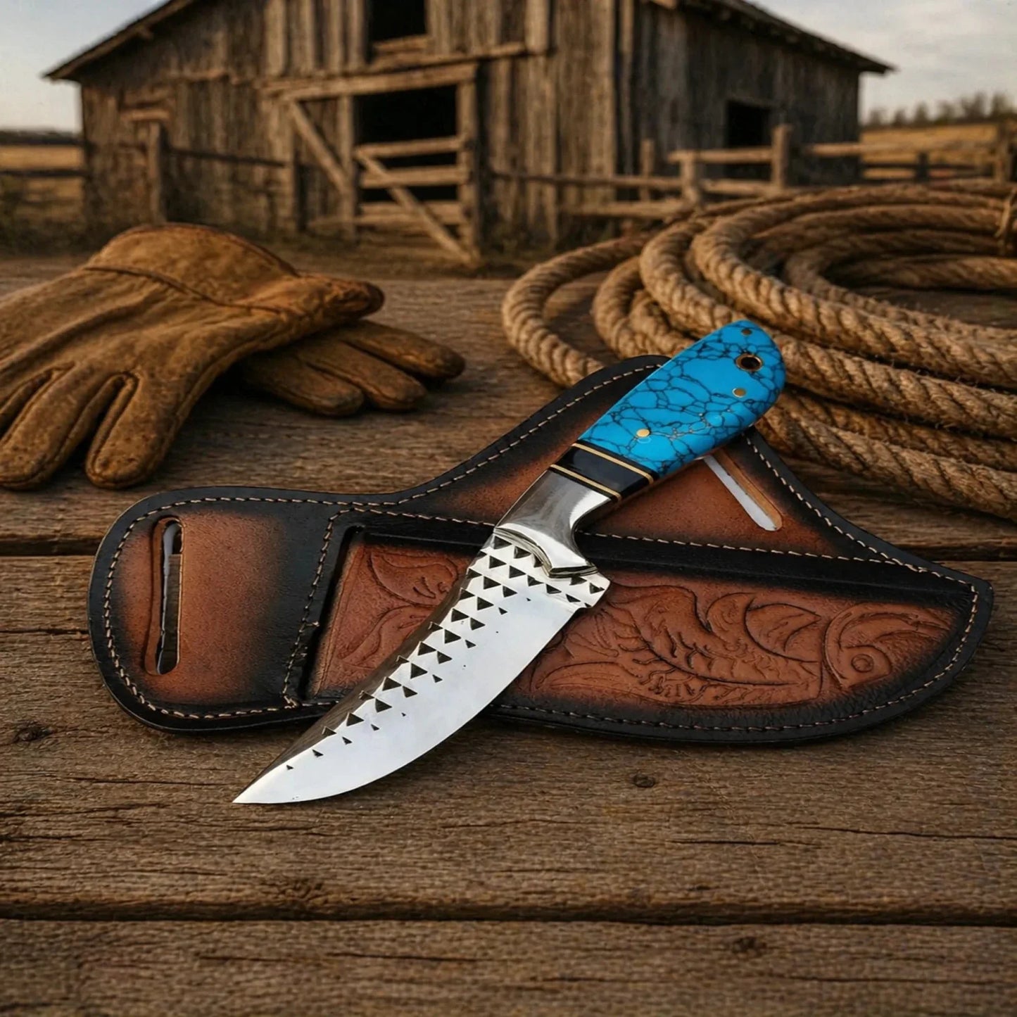 Cowboy Belt Knife – Rasp Tool Steel & Turquoise Handle